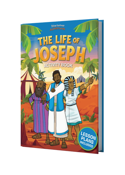Activity book titled 'The Life of Joseph' with colorful illustration on a black background
