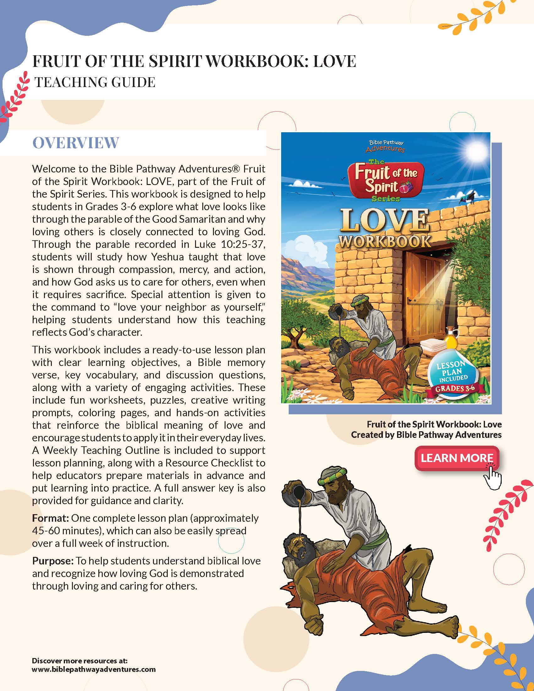 Teaching guide for 'Fruit of the Spirit Workbook: Love' with illustrations and text.