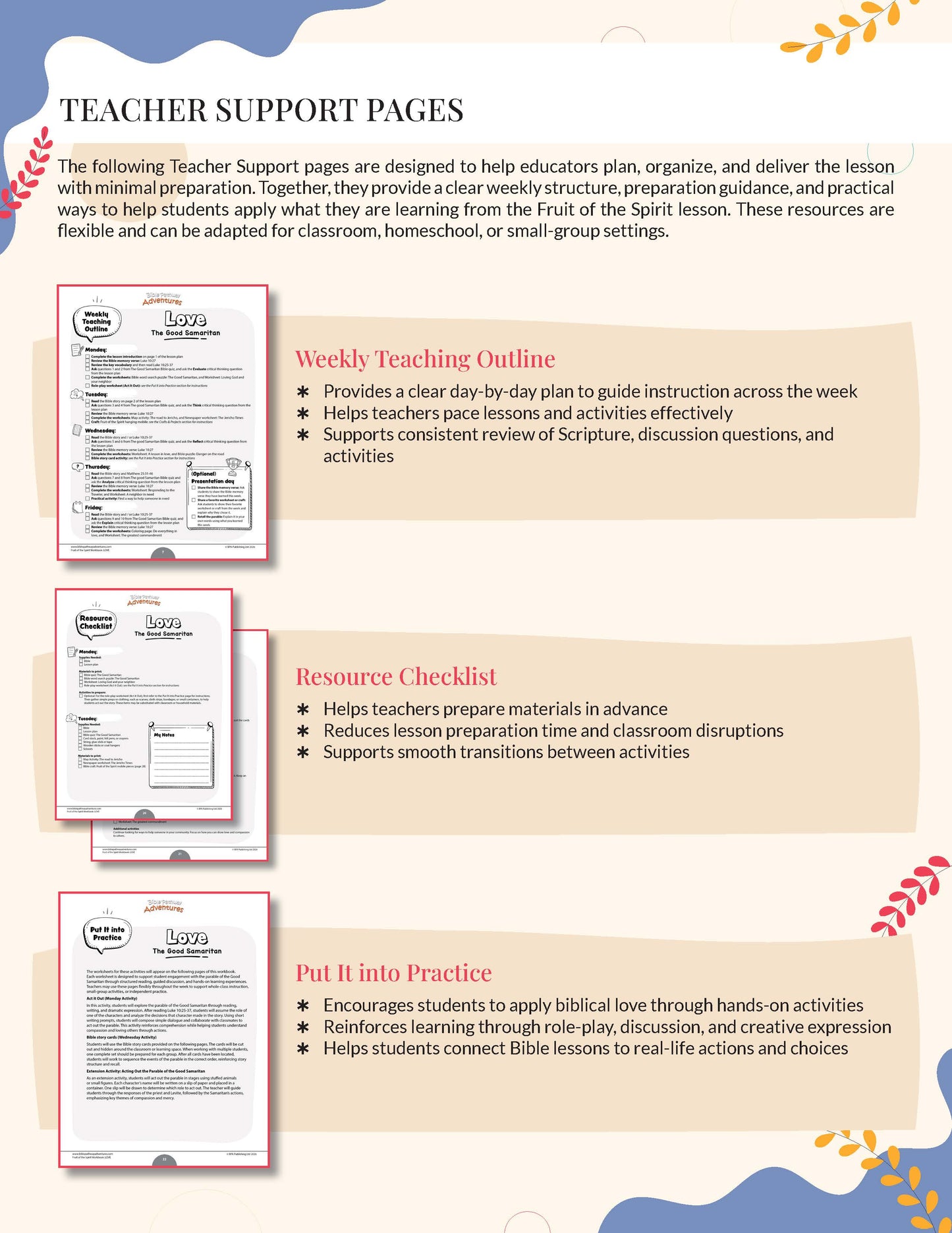 Love Workbook' from the Fruit of the Spirit series Teacher Support Pages with outlines and checklists on a white background