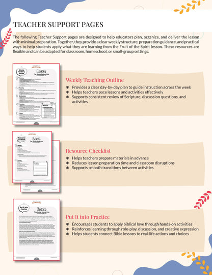 Love Workbook' from the Fruit of the Spirit series Teacher Support Pages with outlines and checklists on a white background