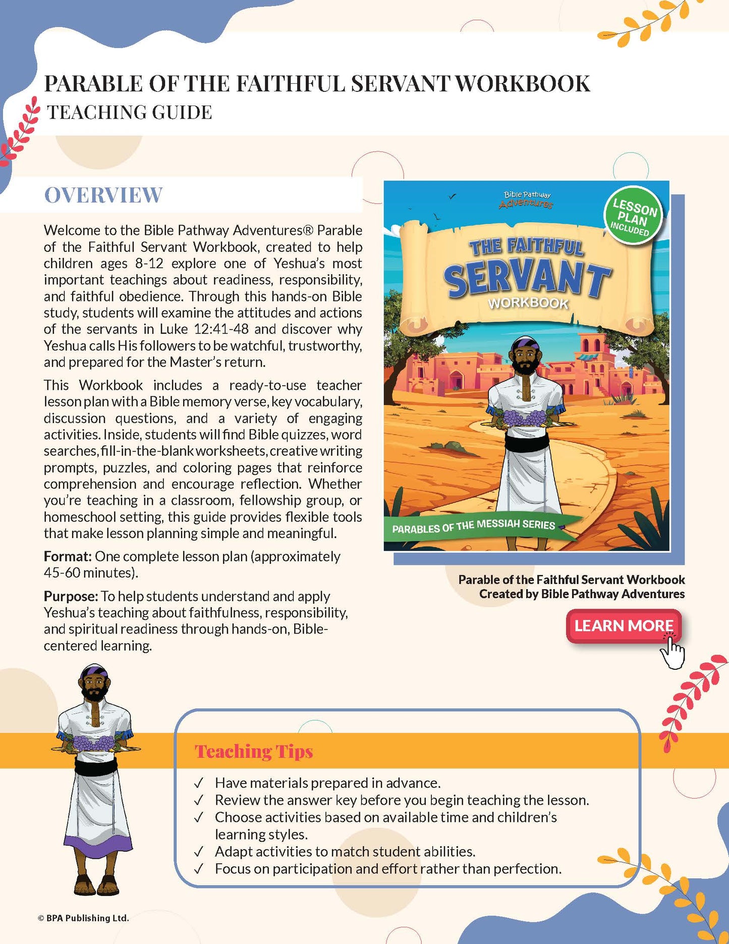 Teaching guide for 'Parable of the Faithful Servant Workbook' with cover image and key points.