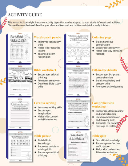 Parable of the Faithful Servant Activity guide with various educational worksheets on a white background