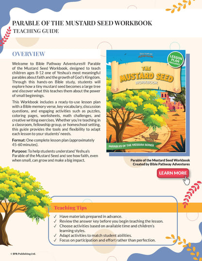 Teaching guide for 'Parable of the Mustard Seed Workbook' with cover image and overview text.
