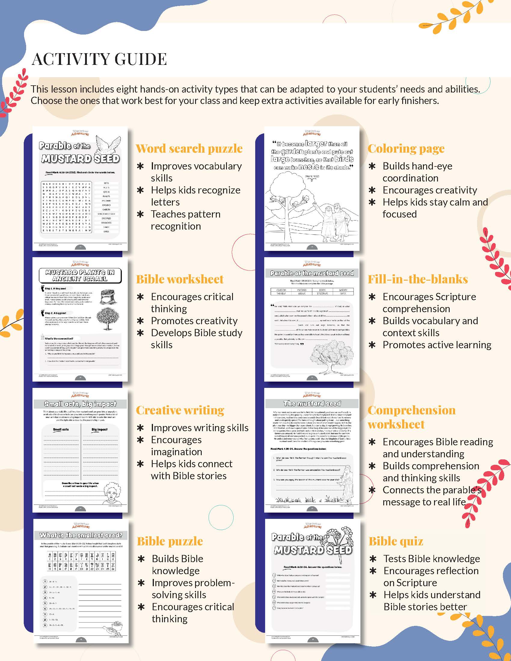Activity guide with various educational worksheets on a white background for Parable of the Mustard Seed Workbook.