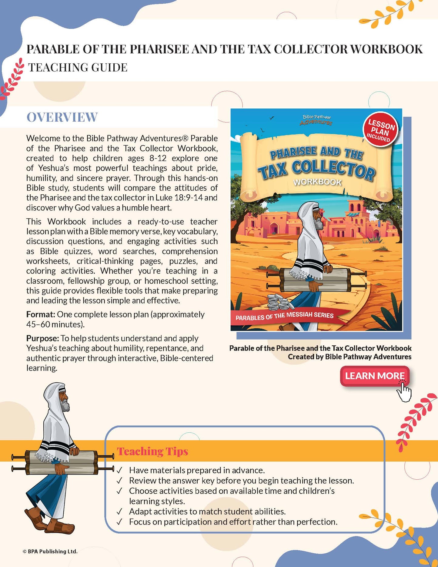 Teaching guide for 'Parable of the Pharisee and the Tax Collector Workbook' with workbook cover and Bible Pathway Adventures branding.