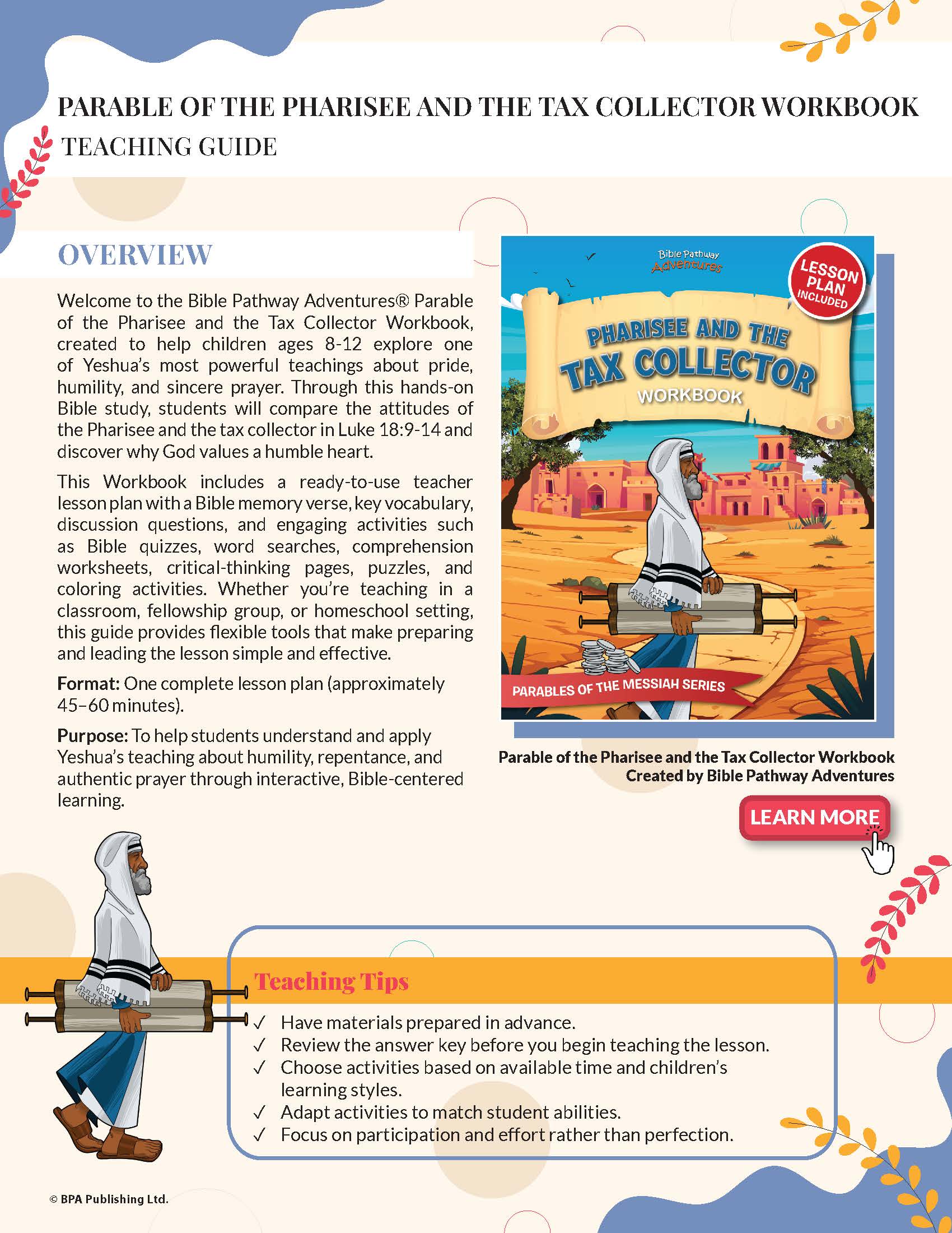 Teaching guide for 'Parable of the Pharisee and the Tax Collector Workbook' with workbook cover and Bible Pathway Adventures branding.