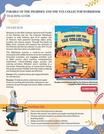 Teaching guide for 'Parable of the Pharisee and the Tax Collector Workbook' with workbook cover and Bible Pathway Adventures branding.