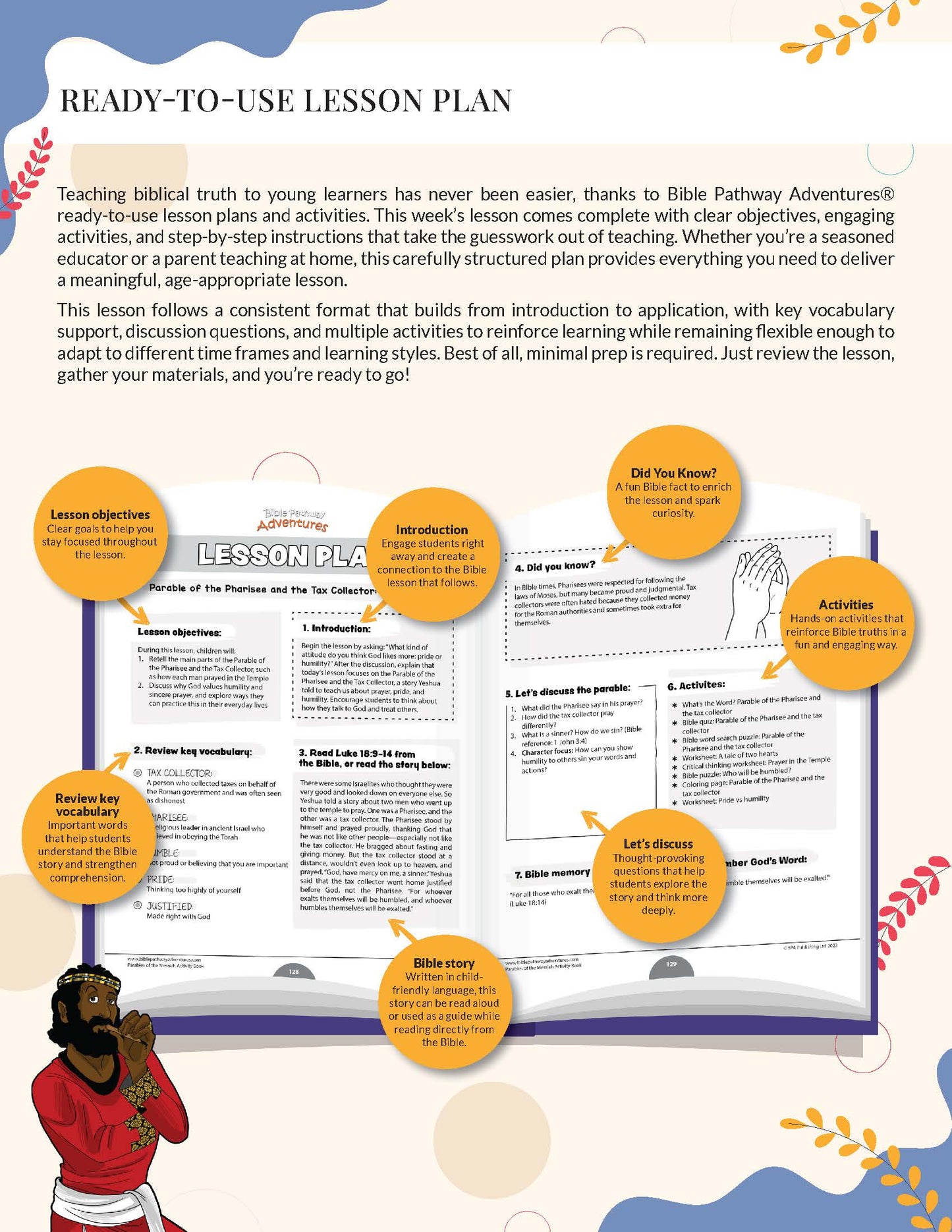 Pharisee & the Tax Collector Lesson plan with colorful graphics and text on a white background
