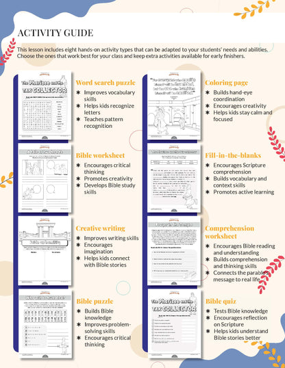 Pharisee & the Tax Collector Activity guide with various educational worksheets on a white background