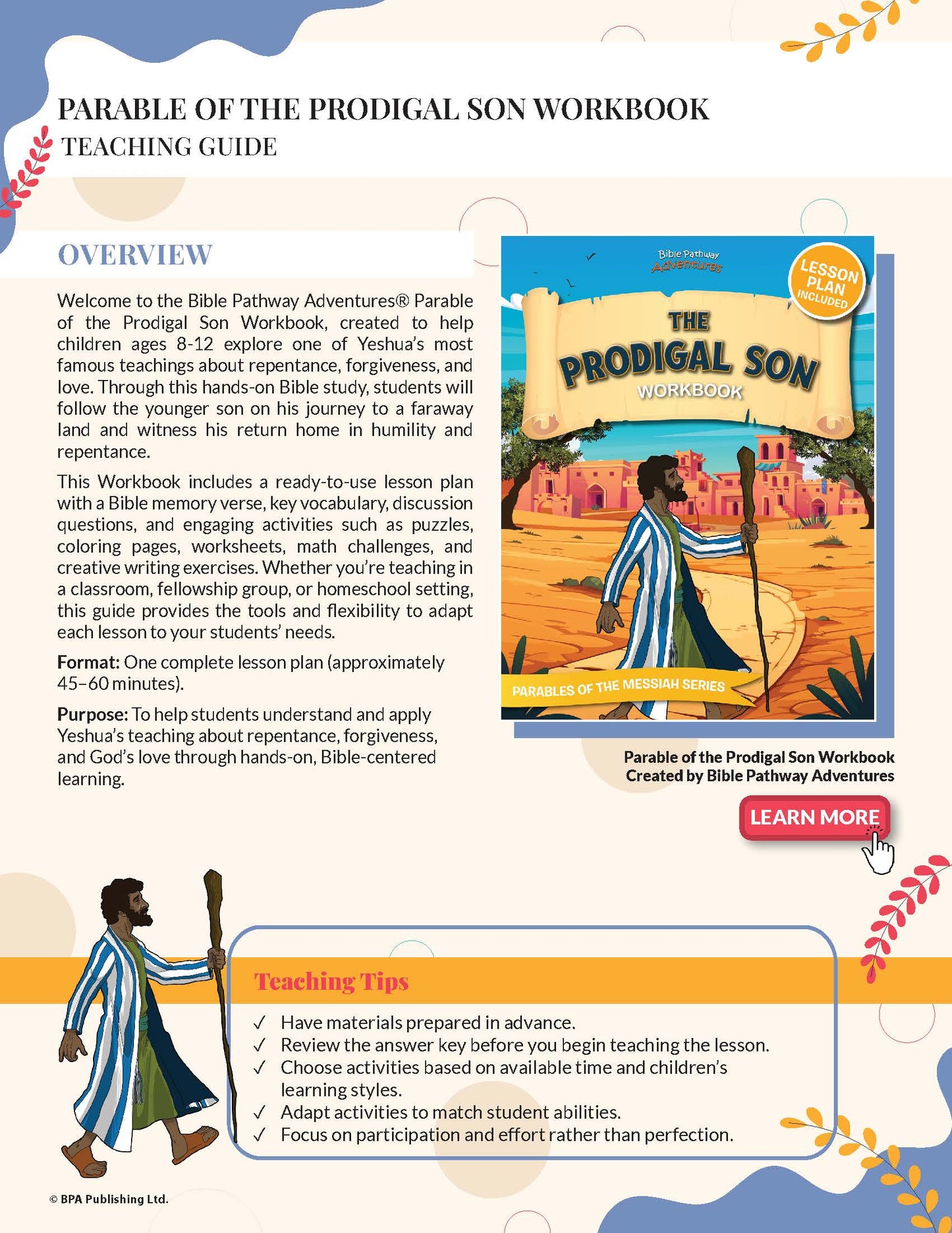 Teaching guide for 'Parable of the Prodigal Son Workbook' with cover image and text.