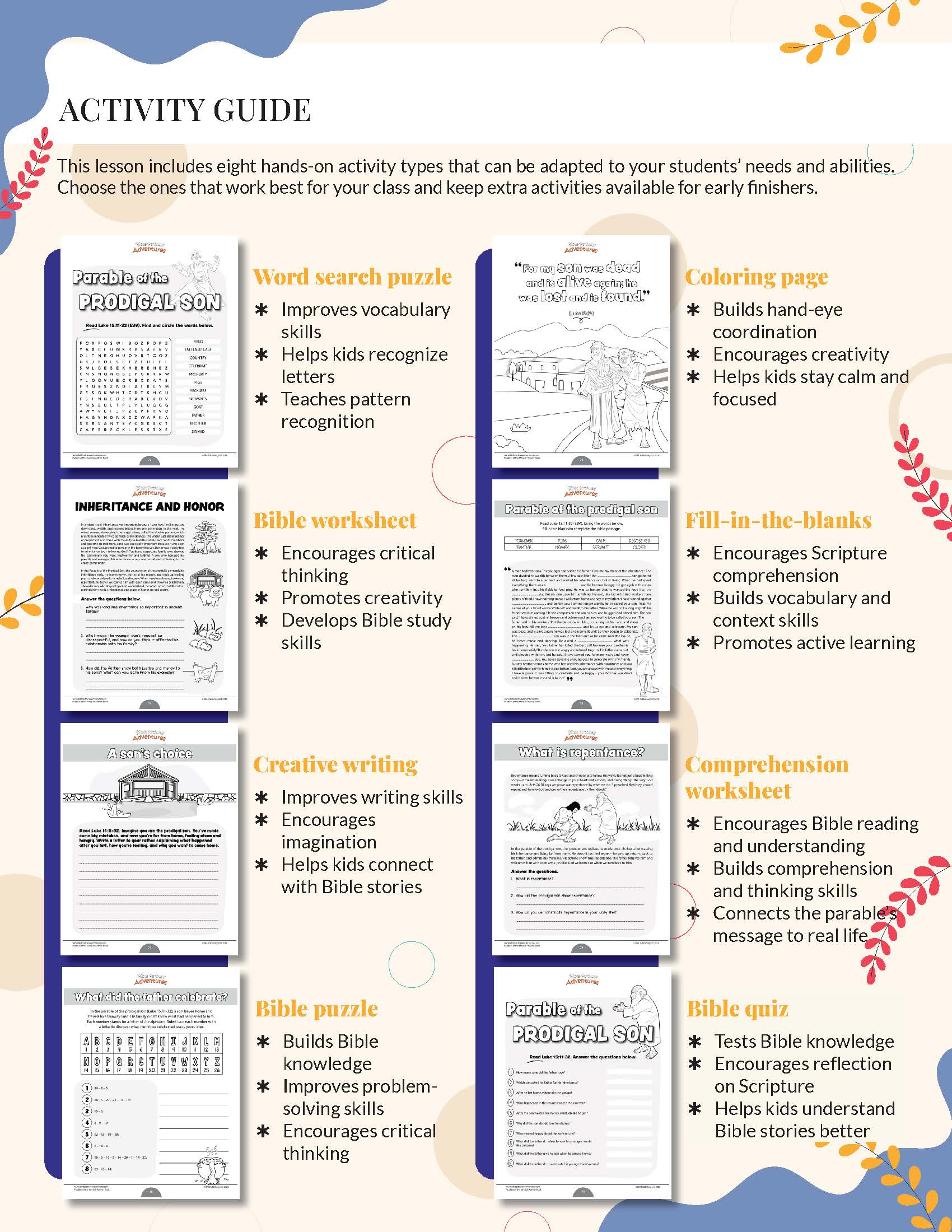 Activity guide with various educational worksheets on a white background
