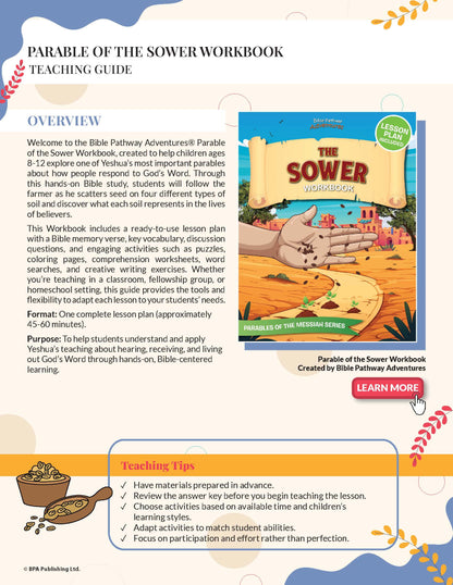 Teaching guide for 'Parable of the Sower Workbook' with cover image and key points.