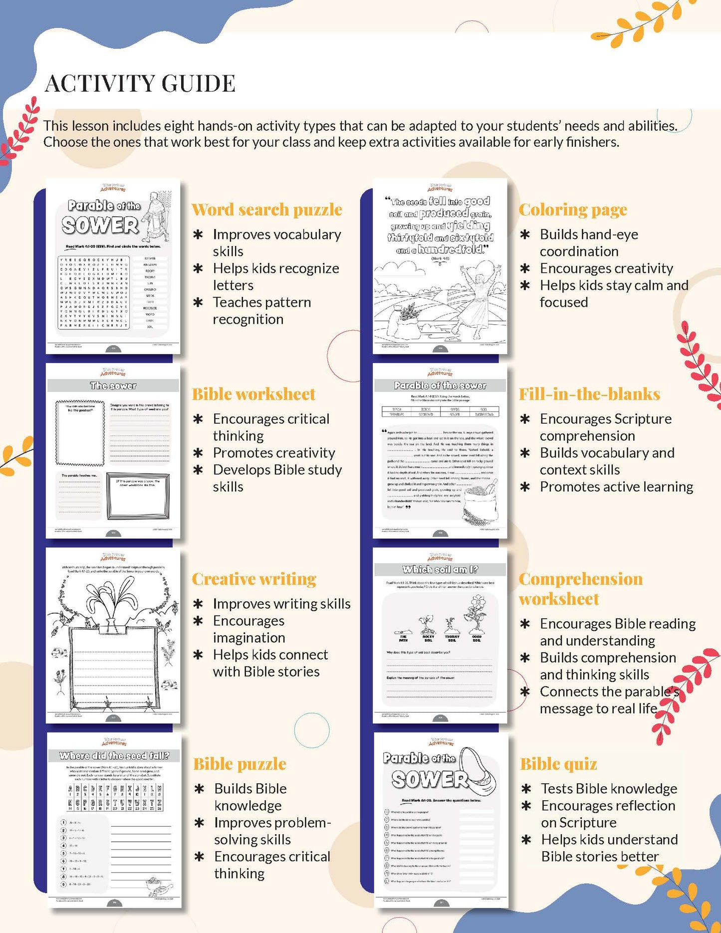 Activity guide with various educational worksheets and their benefits on a white background for The Parable of the Sower Workbook