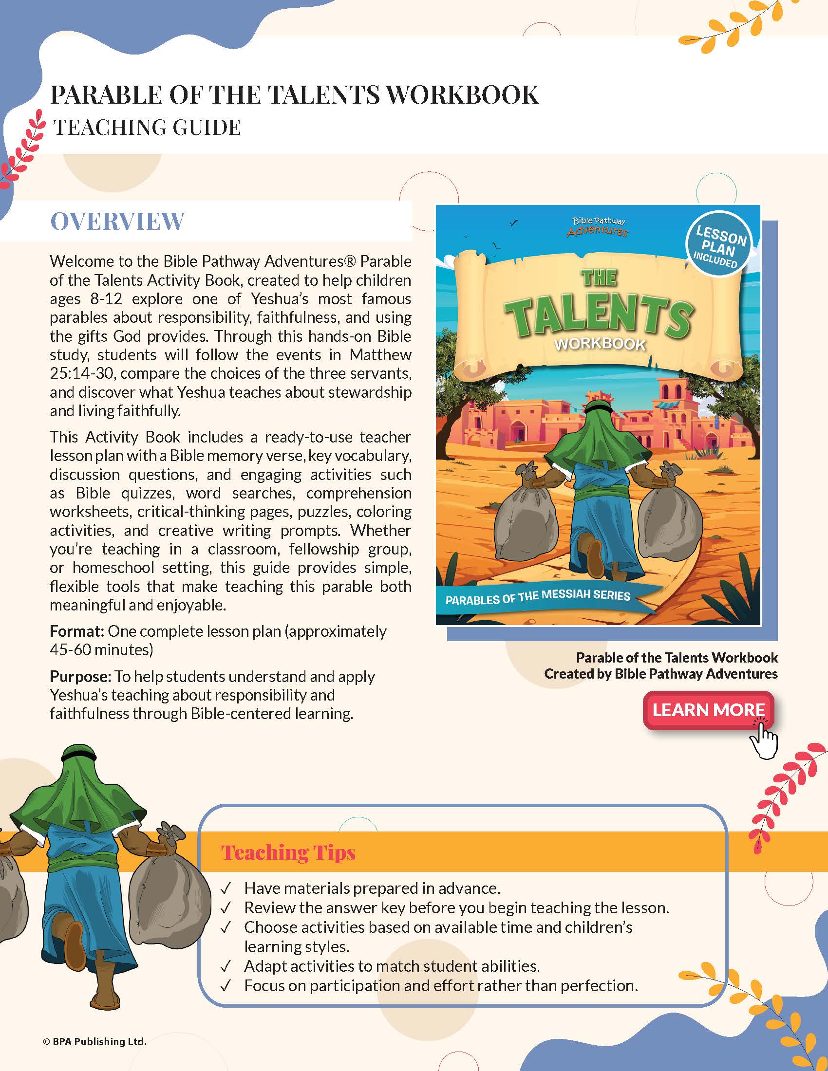 Parable of the Talents Workbook teaching guide with cover image and text.