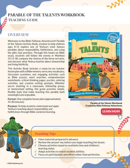 Parable of the Talents Workbook teaching guide with cover image and text.
