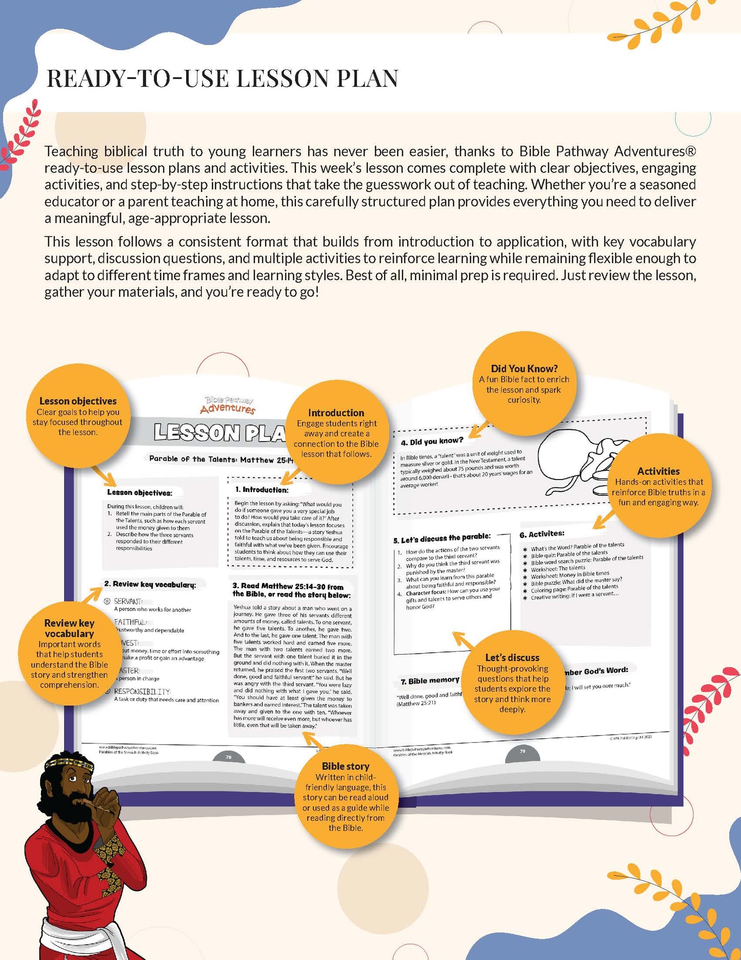 'The Talents Workbook' Lesson plan for teaching biblical truth with colorful graphics and text.