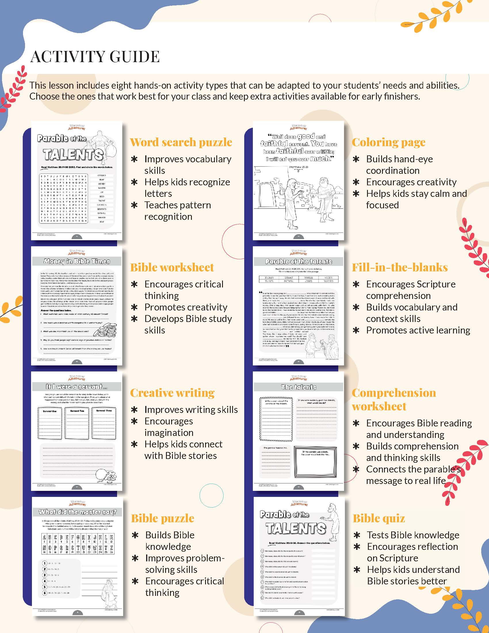 'The Talents Workbook' Activity guide with various educational worksheets on a white background