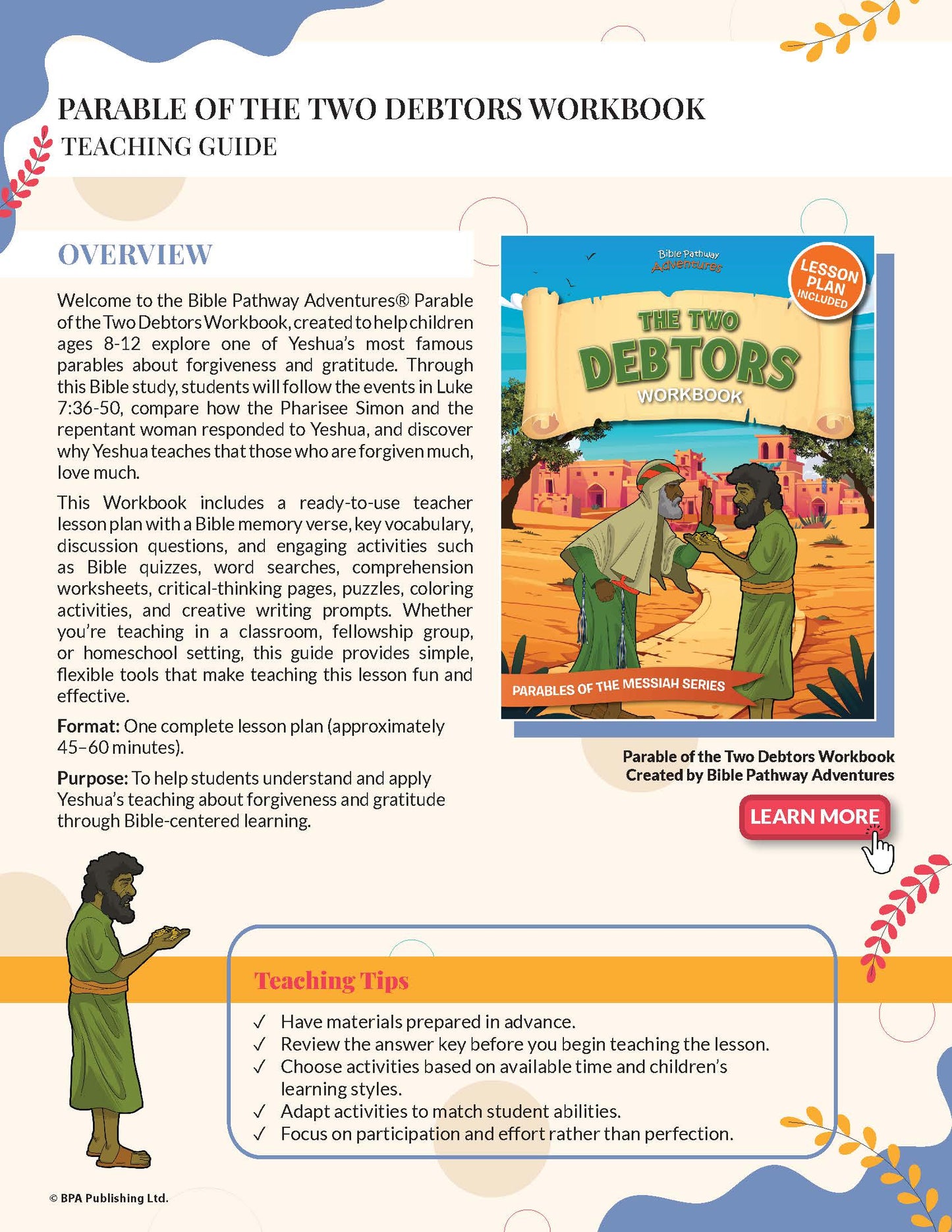 Teaching guide for 'Parable of the Two Debtors' workbook with cover image on a light background