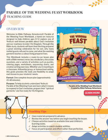 Teaching guide for 'Parable of the Wedding Feast Workbook' with cover image and text.