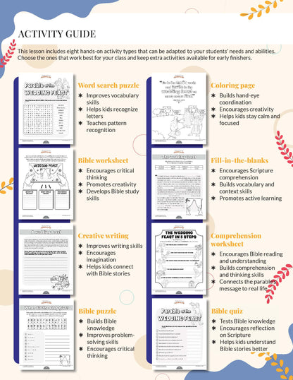 Parable of the Wedding Feast Activity guide with various educational worksheets on a white background