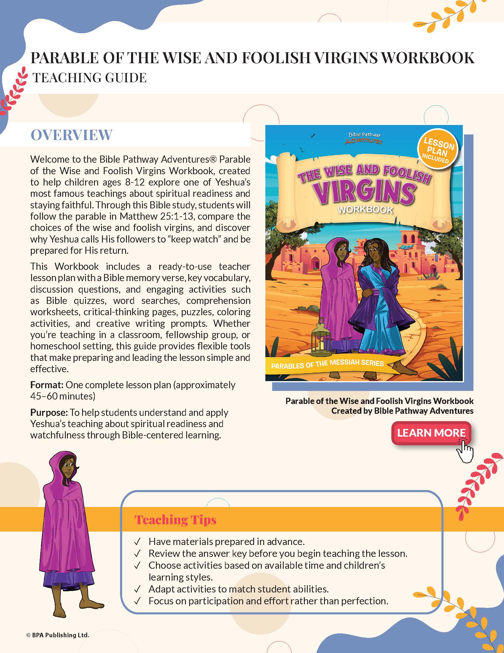 Teaching guide for 'Parable of the Wise and Foolish Virgins Workbook' with cover image and text.