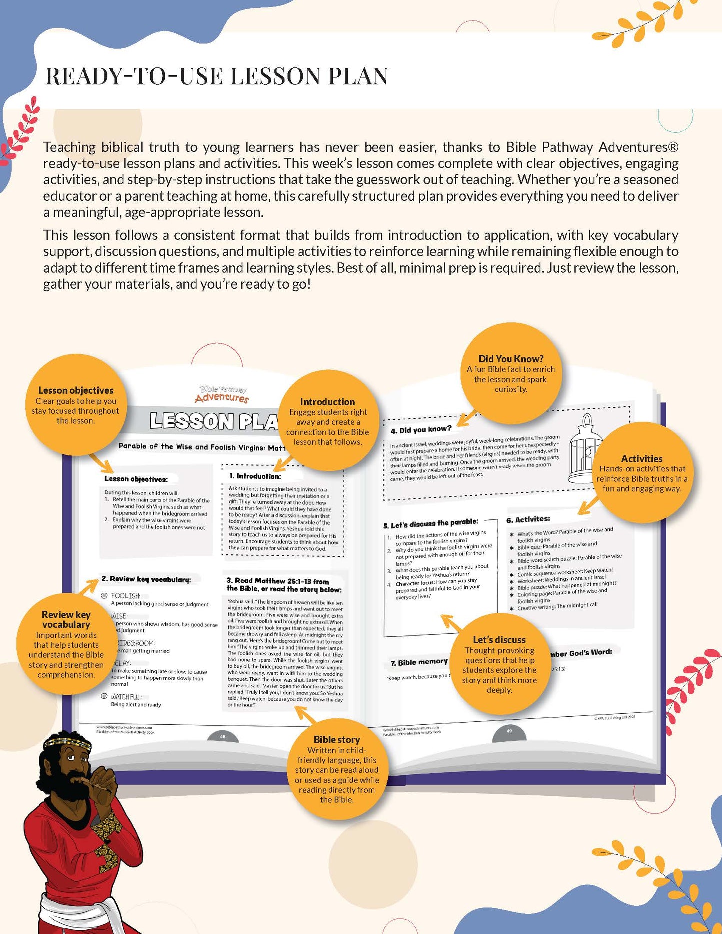 'Parable of the Wise and Foolish Virgins Workbook' Lesson plan for teaching biblical truth with colorful graphics and text.