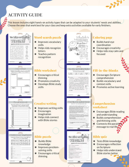 'Parable of the Wise and Foolish Virgins Workbook' Activity guide with various educational worksheets on a white background