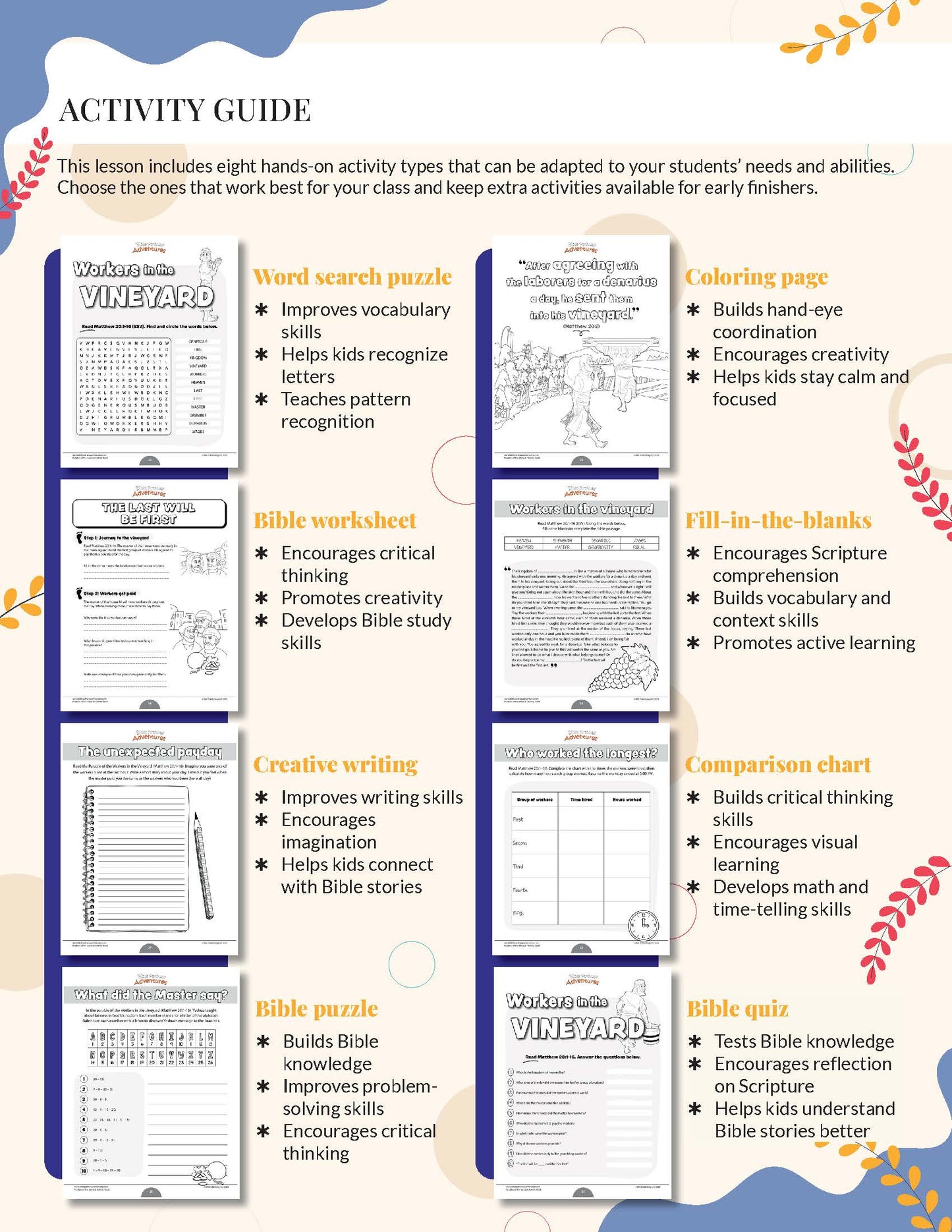 Libro de actividades de la parábola de los trabajadores de la viña