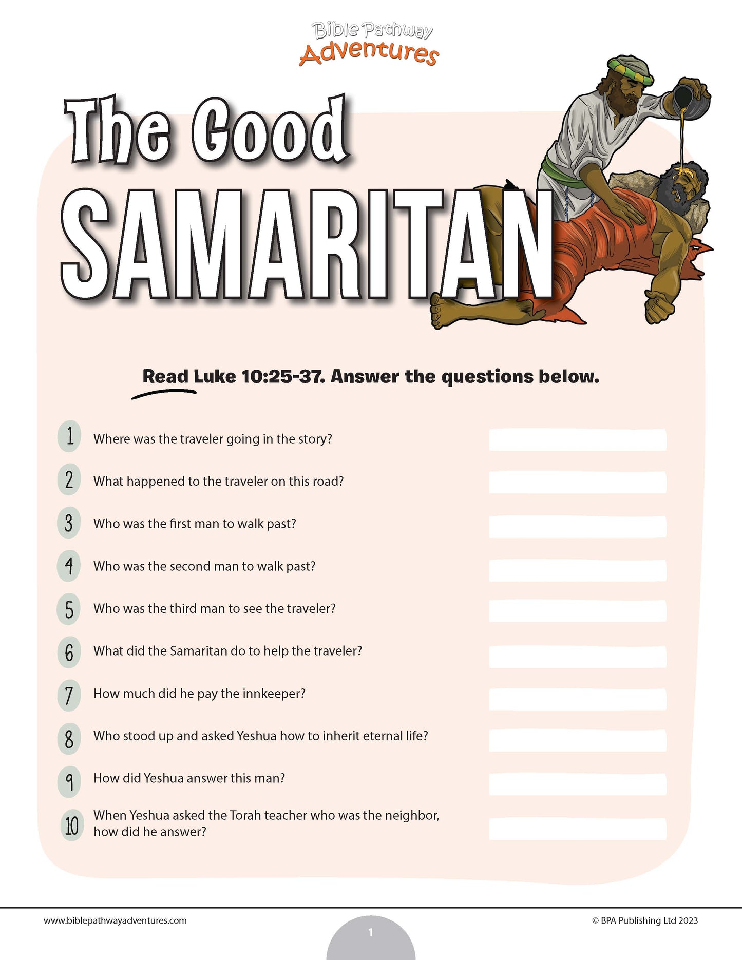 Educational Bible quiz titled 'The Good Samaritan' with a cartoon illustration of a man helping another on a road, designed for reading and answering questions from Luke 10:25-37.