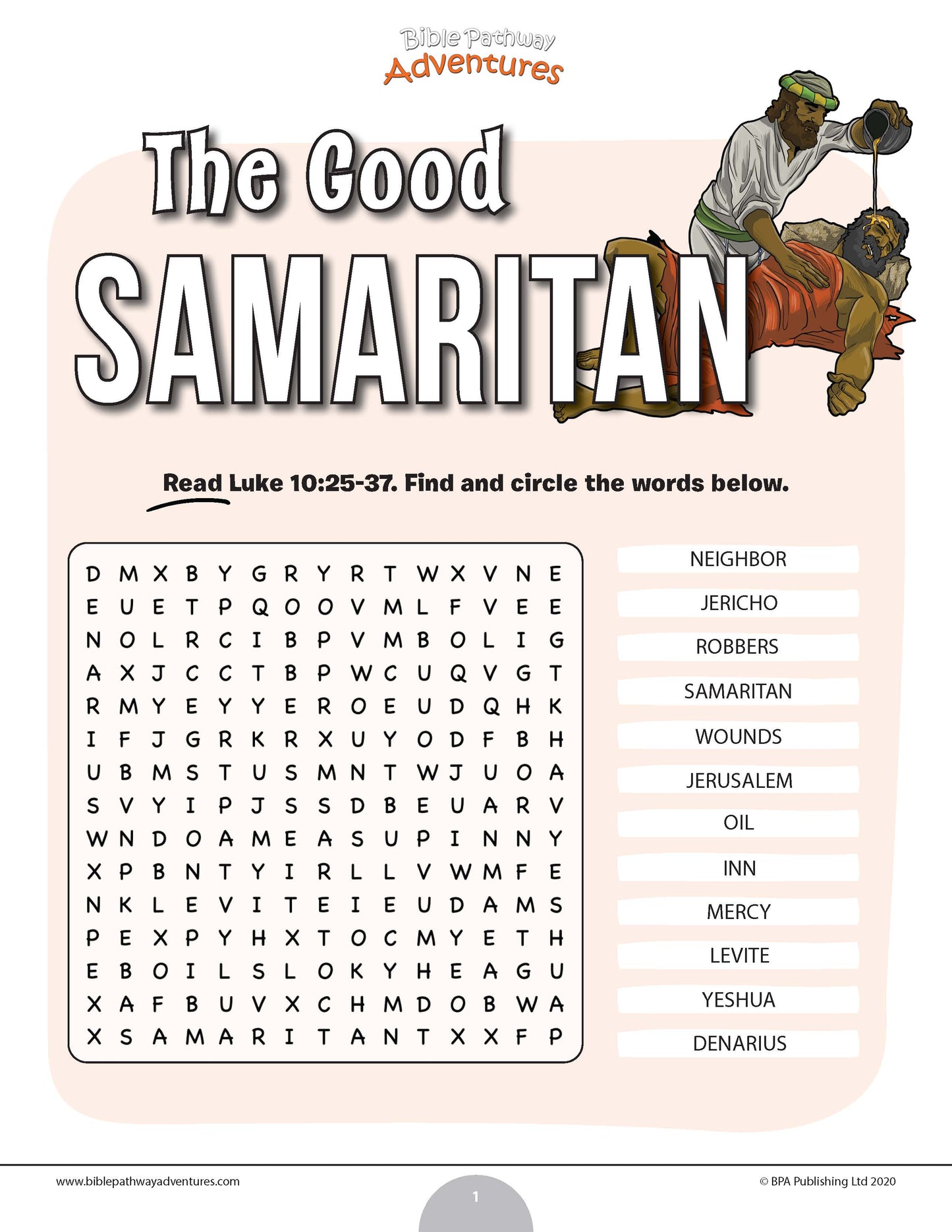 Educational Bible word search puzzle titled 'The Good Samaritan' 