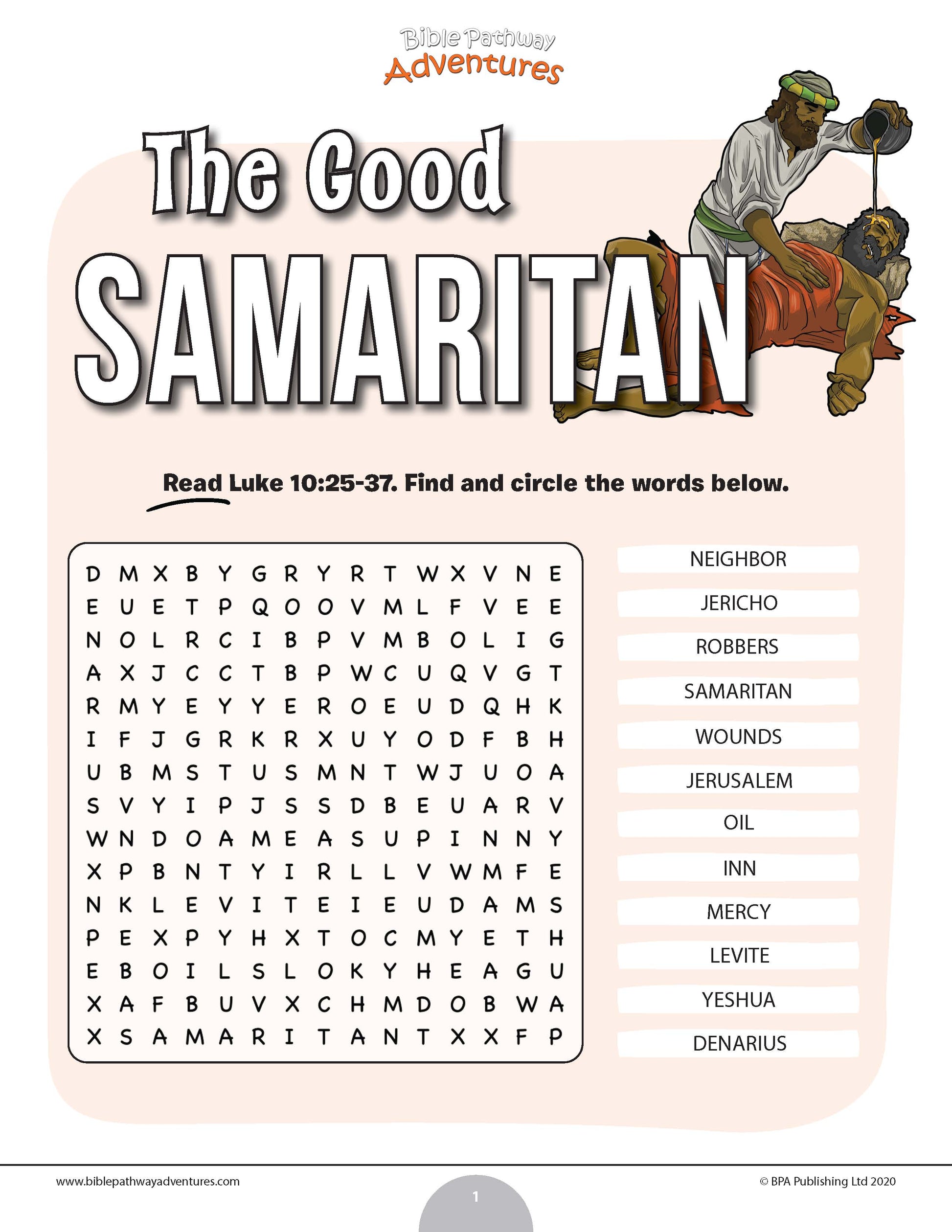Educational Bible word search puzzle titled 'The Good Samaritan' 
