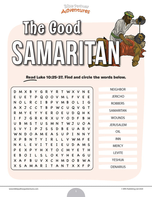 Educational Bible word search puzzle titled 'The Good Samaritan' 