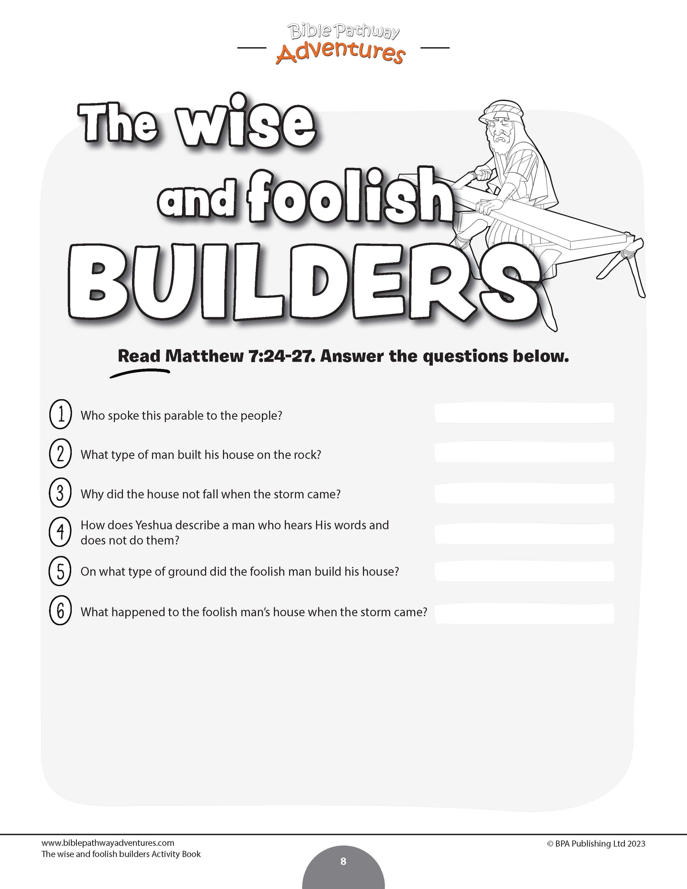 Parable of the Wise and Foolish Builders Activity Book (PDF) Bible