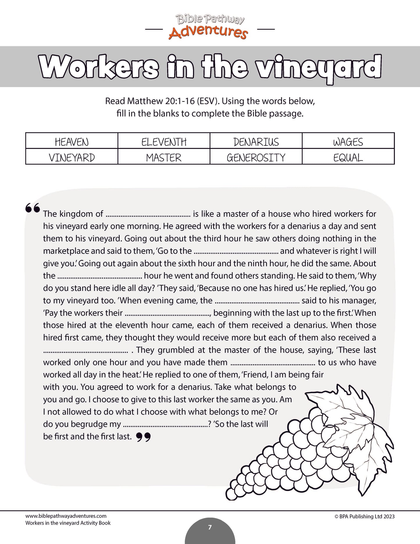 Libro de actividades de la parábola de los trabajadores de la viña