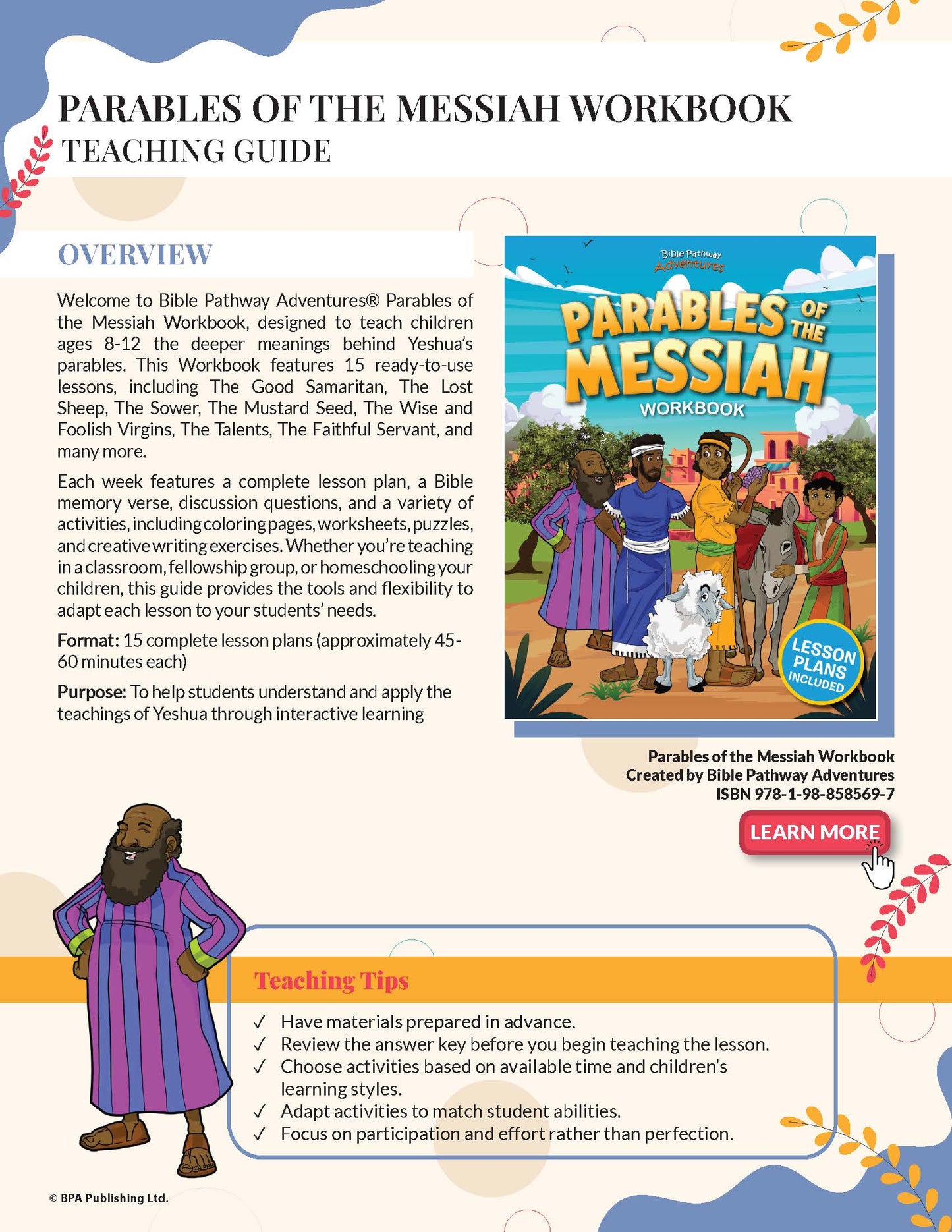 Teaching guide for 'Parables of the Messiah' workbook with colorful illustrations and text.