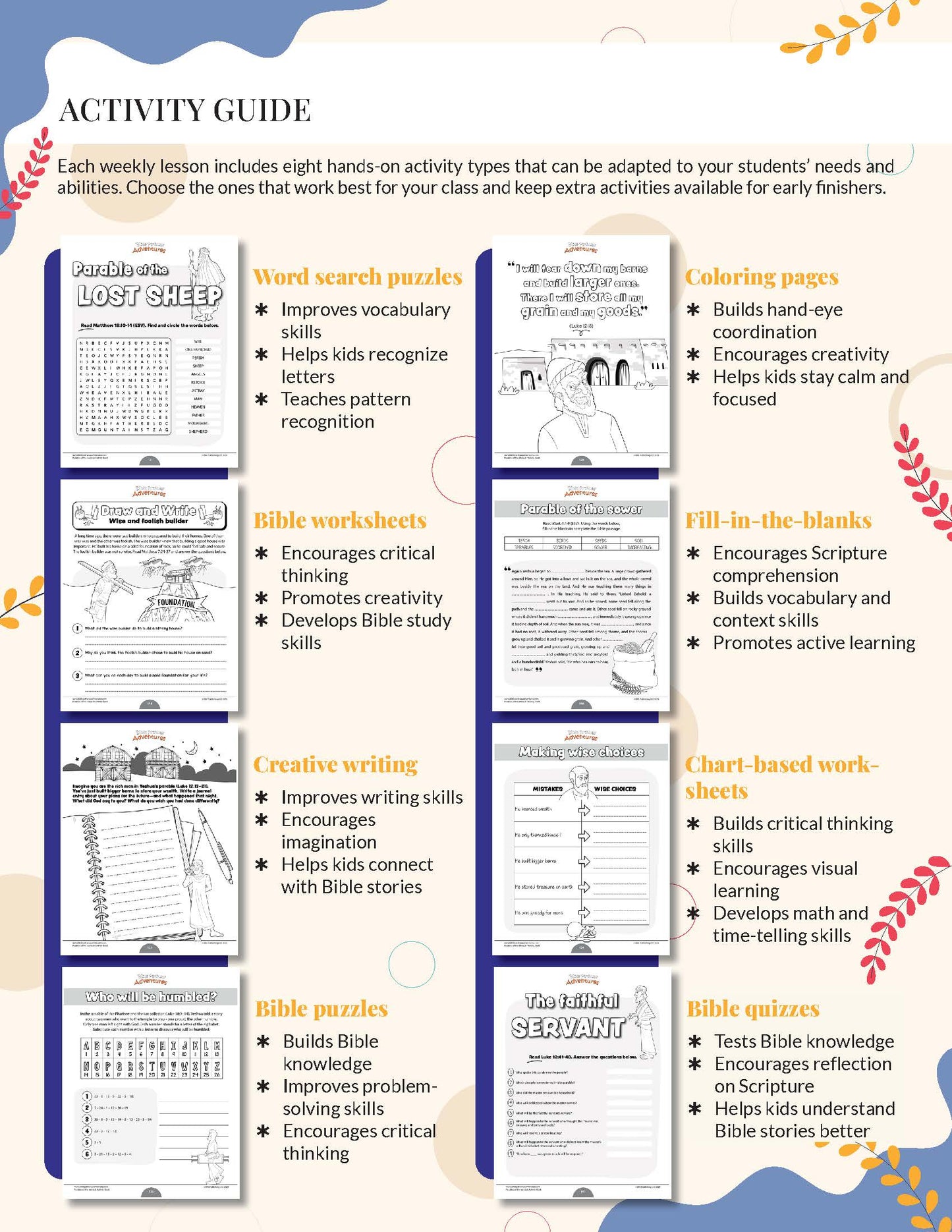 Parables of the Messiah Workbook Activity guide with various educational worksheets and activities for children.