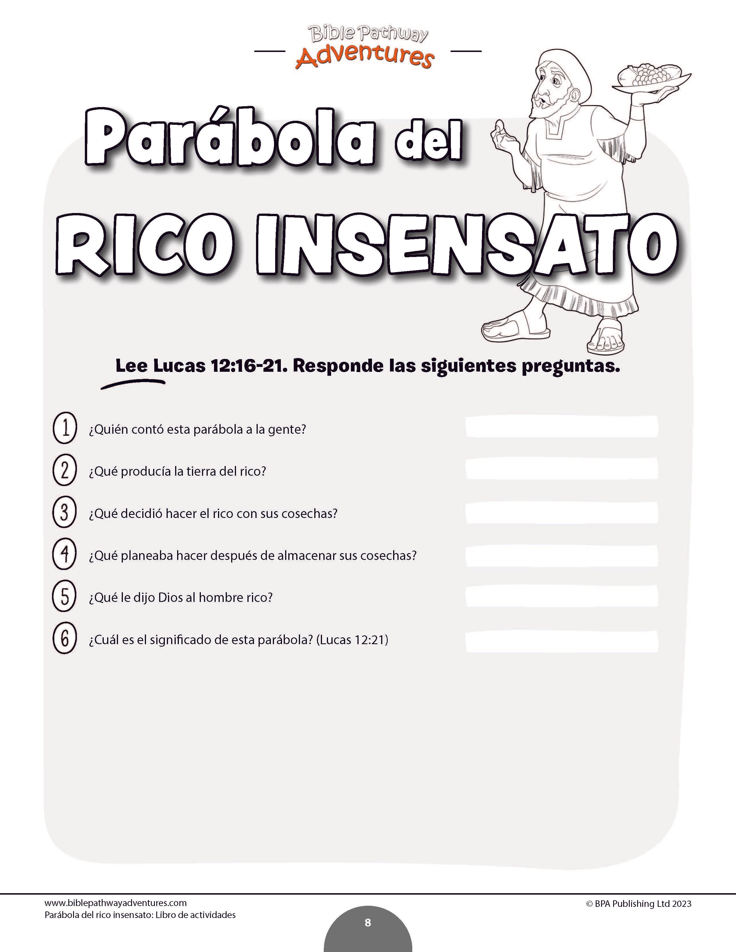 Parábola Del Rico Insensato Libro De Actividades Pdf Bible Pathway Adventures 3540