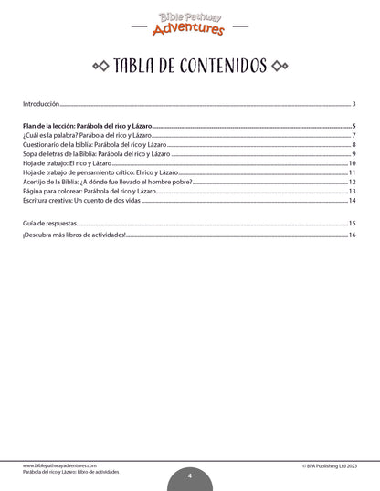 Parábola del rico y Lázaro: Libro de actividades (PDF)