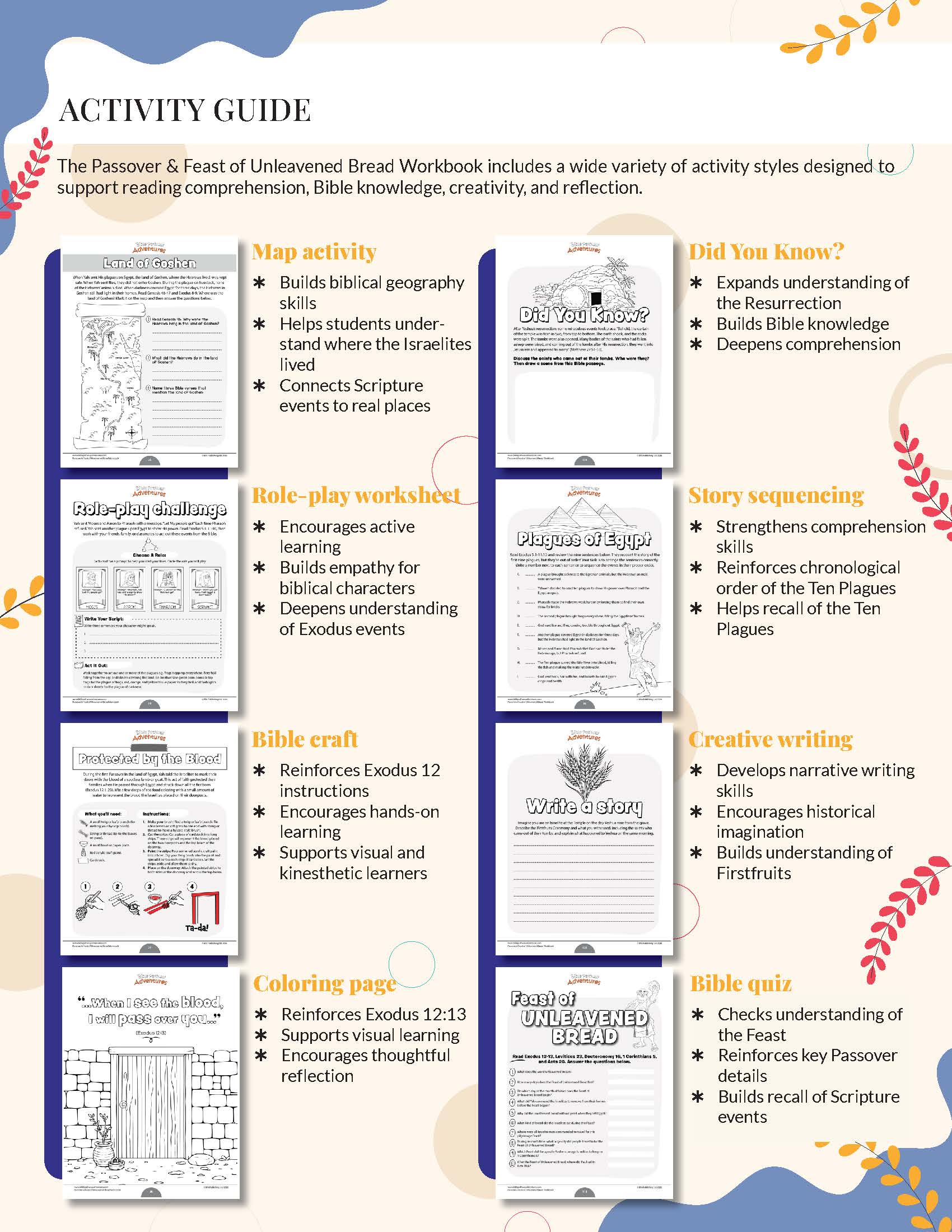 Activity guide for Passover and Unleavened Bread with various educational activities.