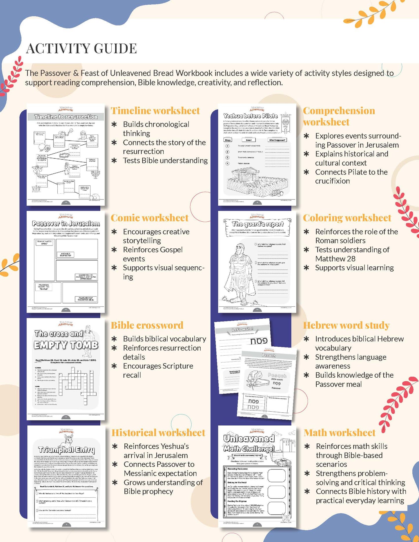 Activity guide for Passover and Unveiled Bread Workbook with various worksheets and activities.