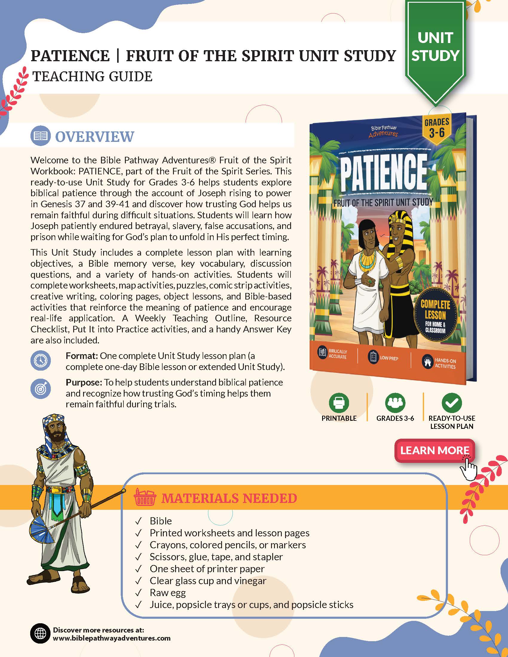 Teaching guide for 'Fruit of the Spirit Workbook: Patience' with illustrations and text.