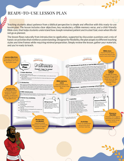 Lesson plan for teaching patience from a biblical perspective with colorful graphics and illustrations.