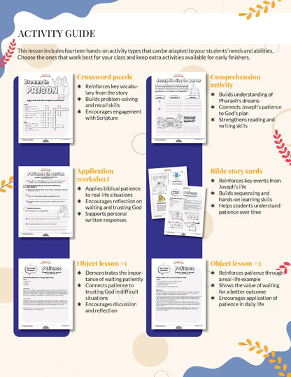 Patience Workbook' from the Fruit of the Spirit series - Activity guide with various educational activities for students, including crossword puzzles and worksheets.