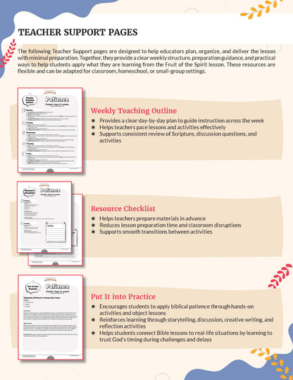 Patience Workbook' from the Fruit of the Spirit series - Teacher Support Pages with outlines and checklists on a light beige background