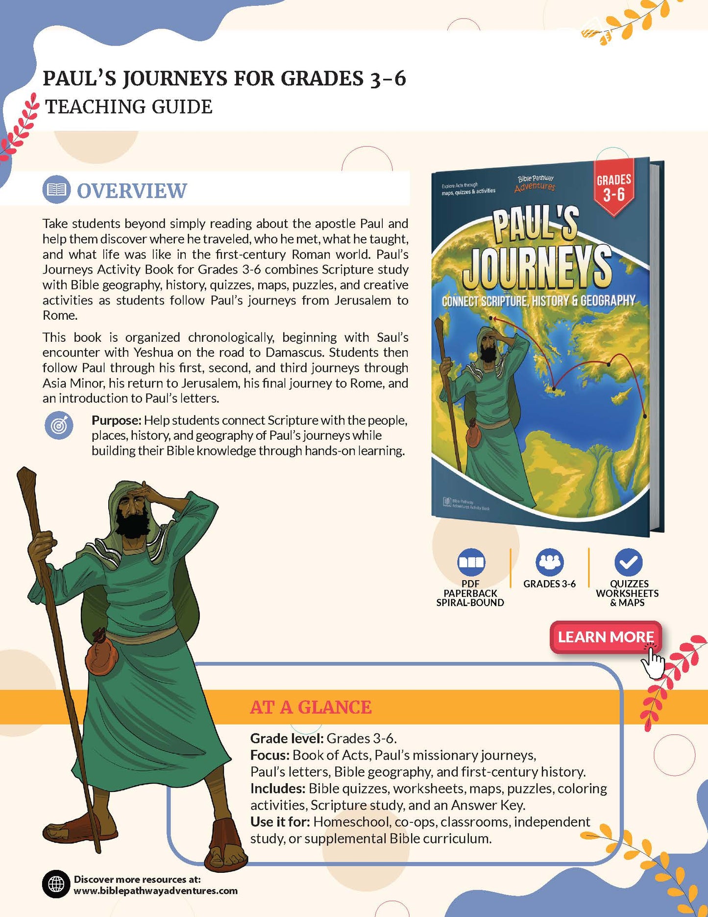 Promotional graphic for 'Paul's Journeys for Grades 3-6 Teaching Guide' showing a book cover, descriptive text, and a colorful footer with icons and website information.