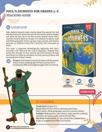 Promotional graphic for 'Paul's Journeys for Grades 3-6 Teaching Guide' showing a book cover, descriptive text, and a colorful footer with icons and website information.