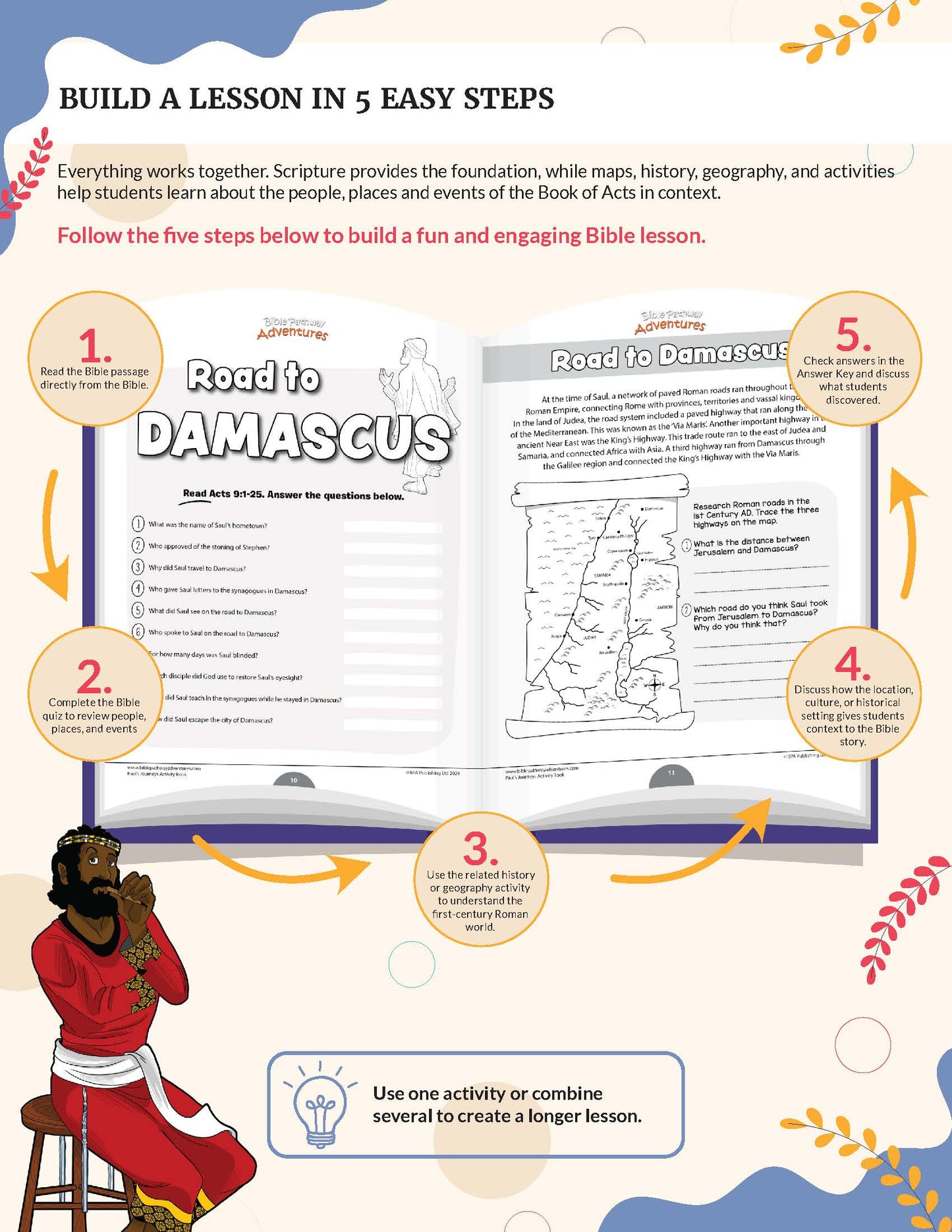 An educational poster or booklet cover titled 'Build a Lesson in 5 Easy Steps' showing a Bible lesson plan about 'Road to Damascus' with illustrated steps, text instructions, and a seated woman in a red robe at the bottom. Paul's Journeys Activity Book
