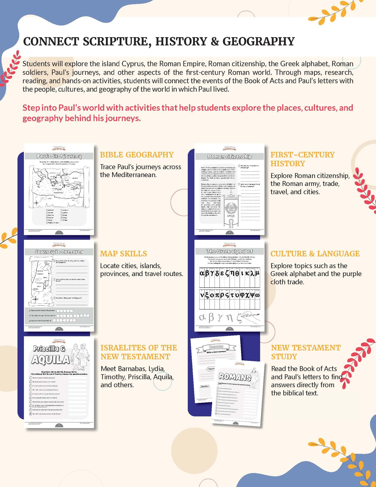 An educational poster titled 'CONNECT SCRIPTURE, HISTORY & GEOGRAPHY' with a blue header and a light blue background, showing multiple activity panels such as Bible Geography, First-Century History, Map Skills, Culture & Language, Israelites of the New Testament, and New Testament Study, with small illustrations and text descriptions. Paul's Journeys Activity Book