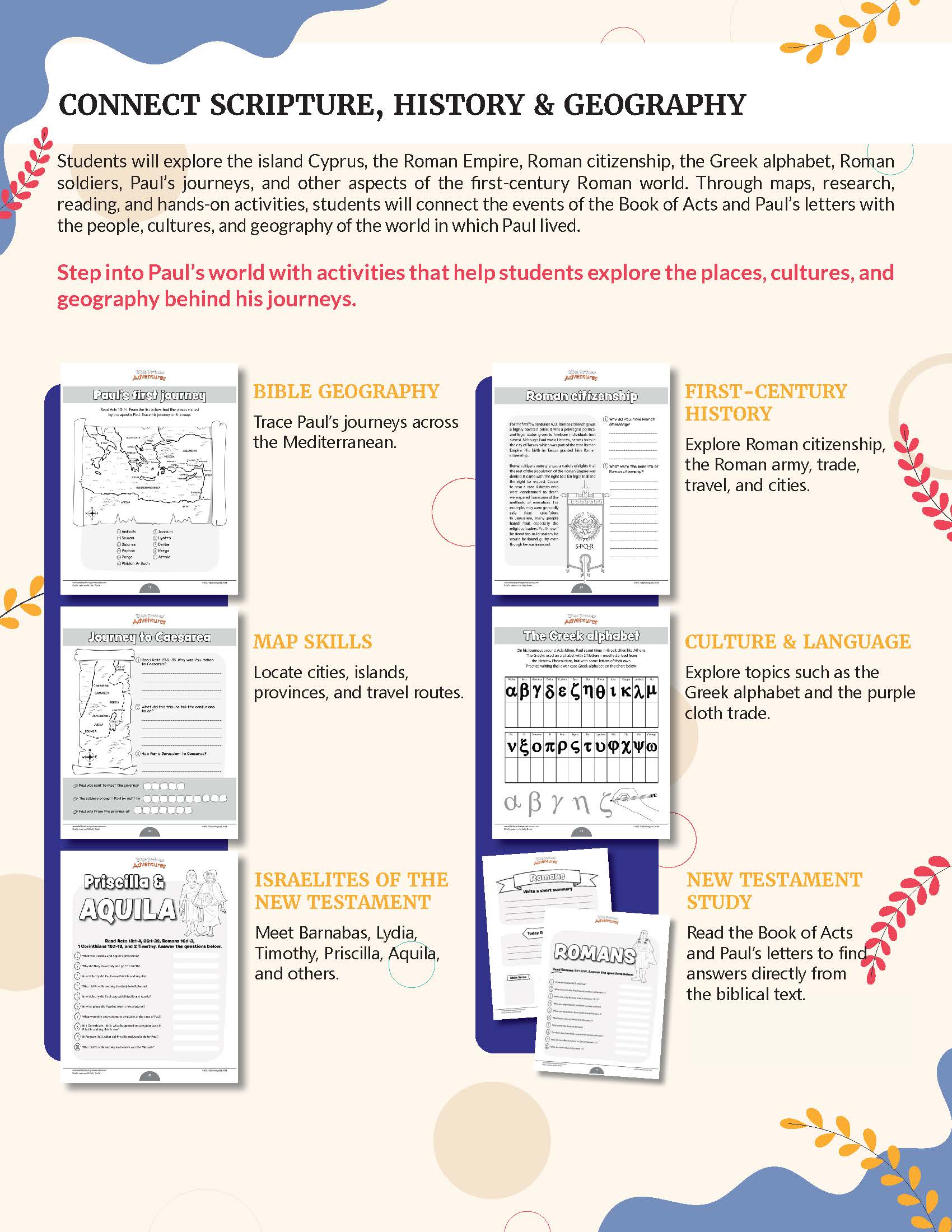 An educational poster titled 'CONNECT SCRIPTURE, HISTORY & GEOGRAPHY' with a blue header and a light blue background, showing multiple activity panels such as Bible Geography, First-Century History, Map Skills, Culture & Language, Israelites of the New Testament, and New Testament Study, with small illustrations and text descriptions. Paul's Journeys Activity Book
