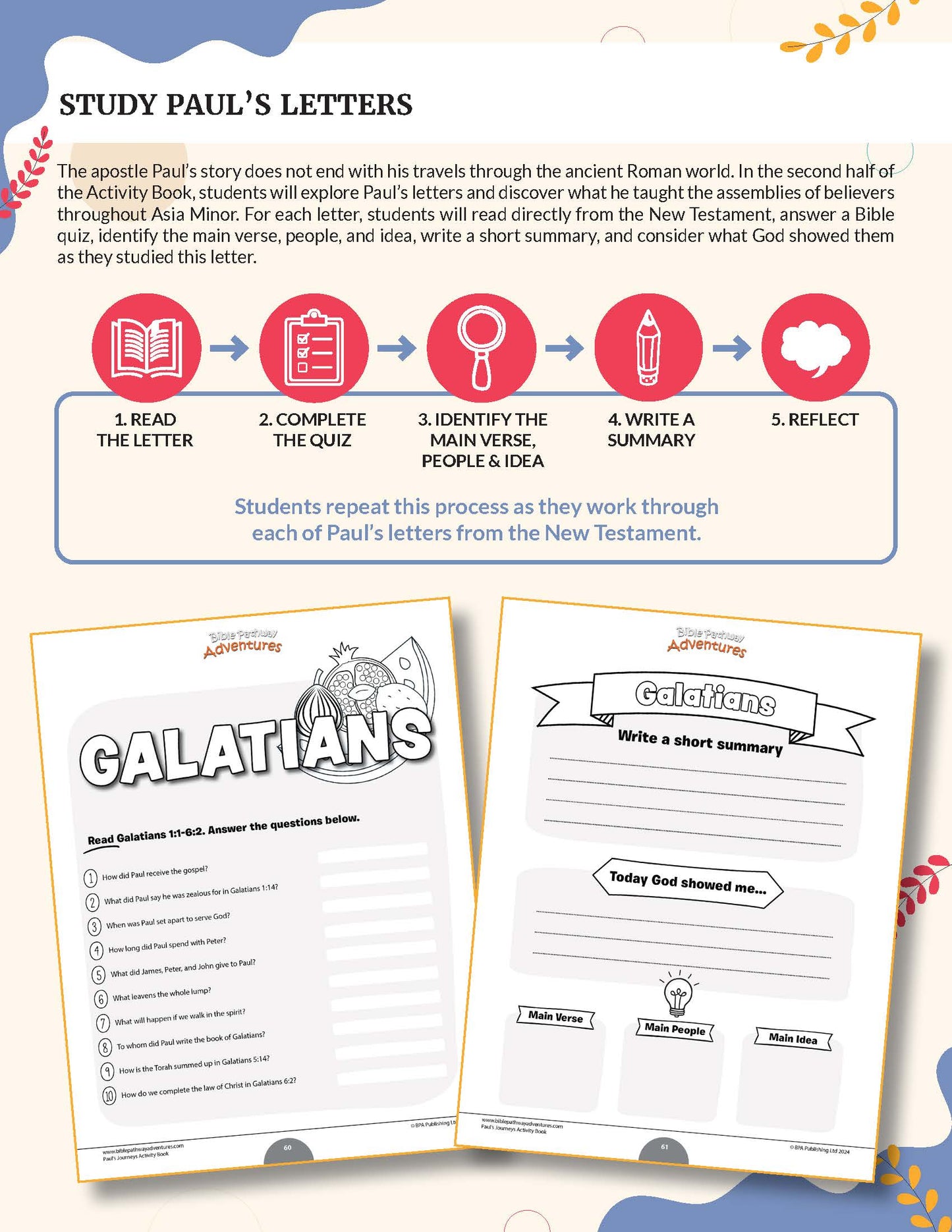 An educational worksheet page titled 'Study Paul's Letters' with a five-step process in red icons and text, plus two sample worksheet pages shown below: one for Galatians with a crossword and one with a short summary prompt for Paul's Journeys Activity Book.